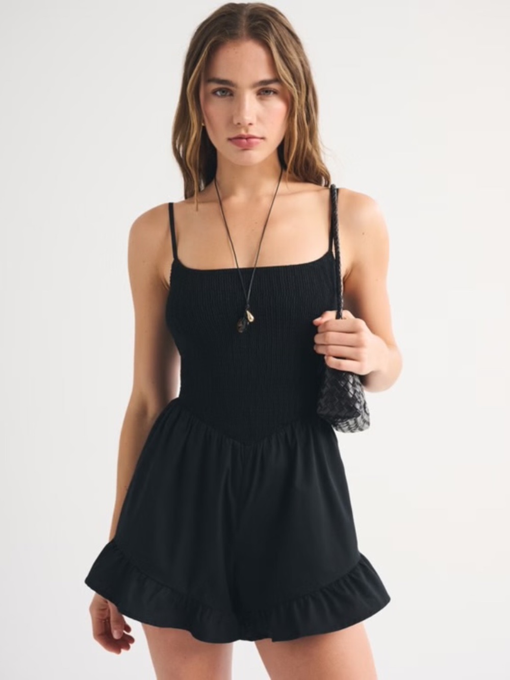 A&F Sydney Smocked Dipped-Waist Romper Black